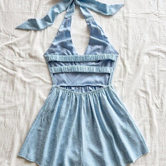 Blue Boho Women's Textured swiss dot halter Romper Vacation - Picture 2 of 6